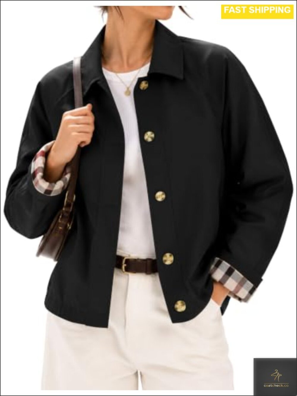 LOMON Women's Short Trench Jacket Plaid Lining Button Front Lightweight